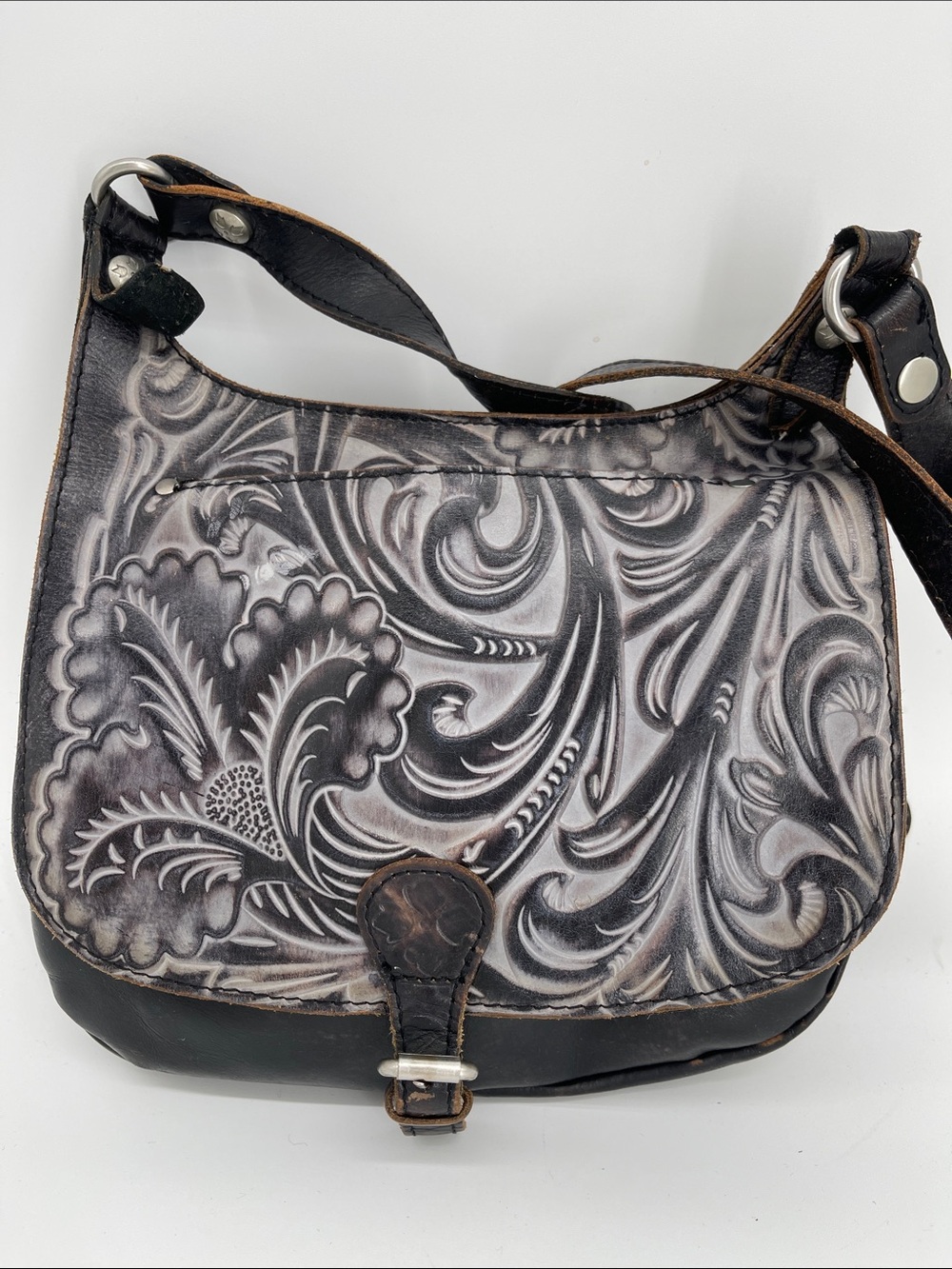 Patricia Nash Black and White Embossed Floral Leather Crossbody